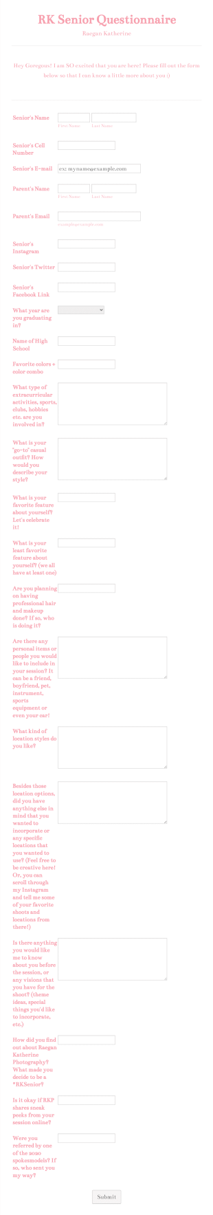 Raegan Katherine Senior Questionnaire Form Template