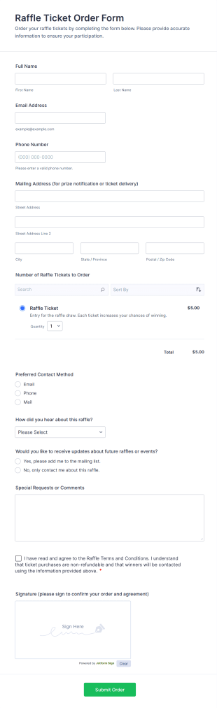 Raffle Ticket Order Form Template