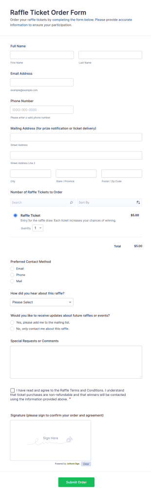 Raffle Ticket Order Form Template