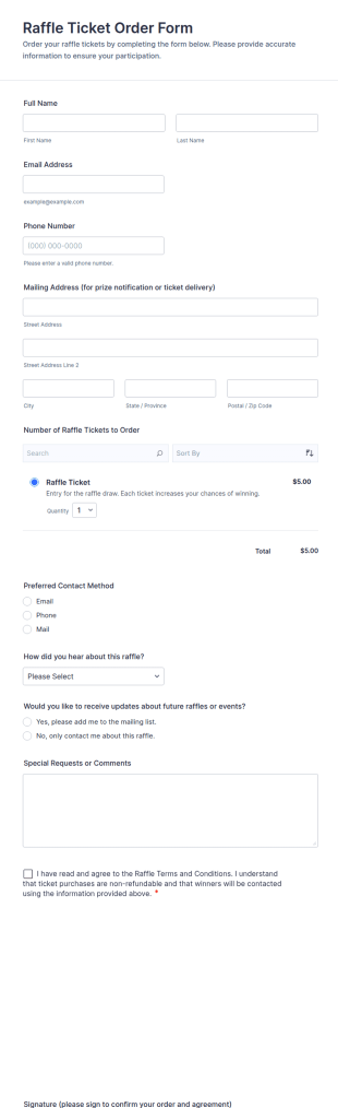 Raffle Ticket Order Form Template
