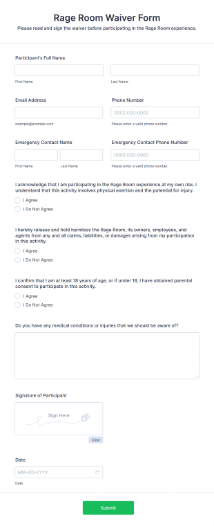 Rage Room Waiver Form Template