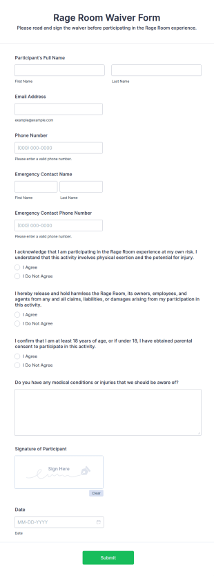 Rage Room Waiver Form Template