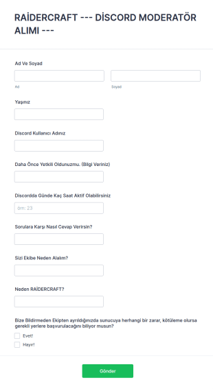 Raidercraft: Discord Moderatör Alımı Form Şablonu