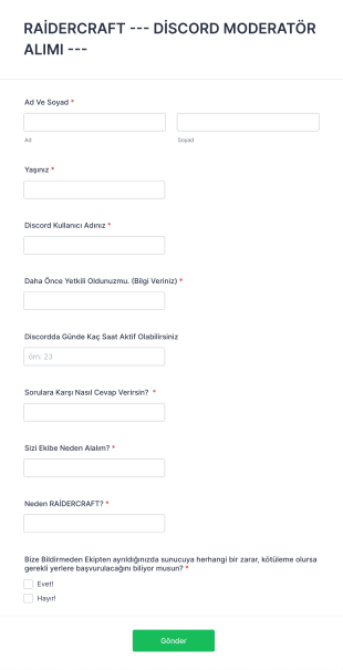 Raidercraft: Discord Moderatör Alımı Form Şablonu