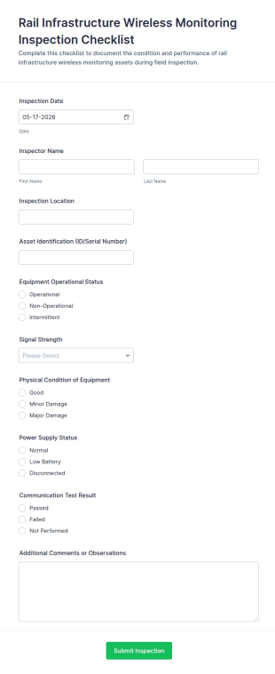 Rail Infrastructure Wireless Monitoring Inspection Checklist Form Template