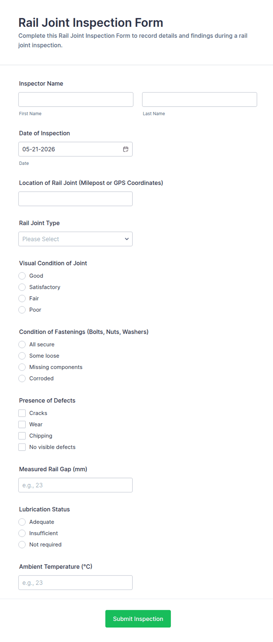 Rail Joint Inspection Form Template | Jotform