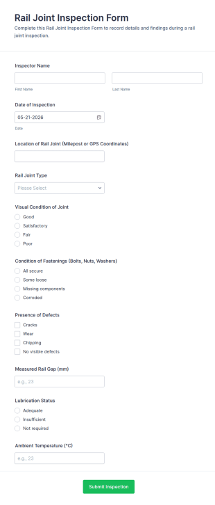 Rail Joint Inspection Form Template