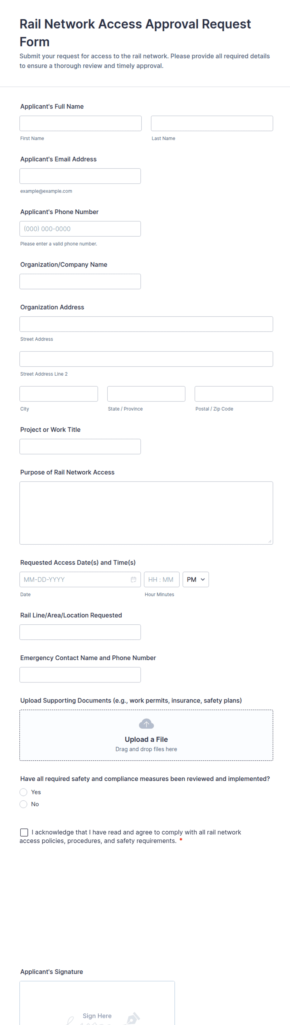 Rail Network Access Approval Request Form Template | Jotform