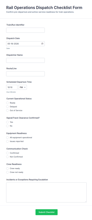 Rail Operations Dispatch Checklist Form Template