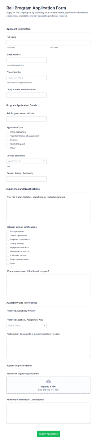 Rail Program Application Form Template