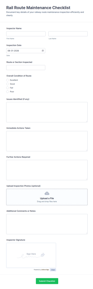 Rail Route Maintenance Checklist Form Template