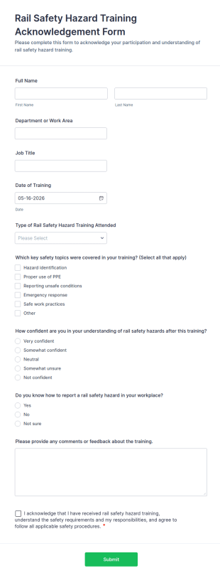 Rail Safety Hazard Training Acknowledgement Form Template