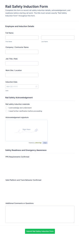 Rail Safety Induction Form Template