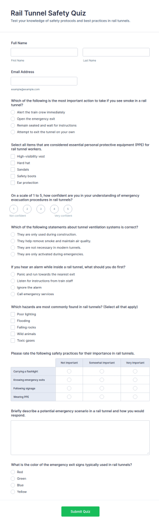 Rail Tunnel Safety Quiz Form Template