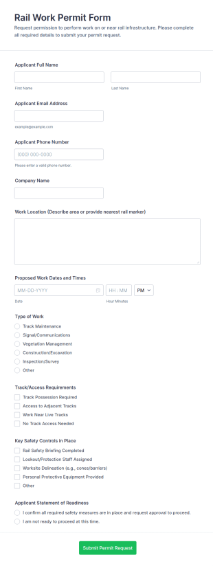 Rail Work Permit Application Form Template