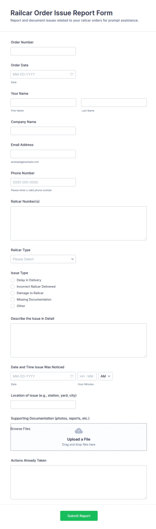 Railcar Order Issue Report Form Template
