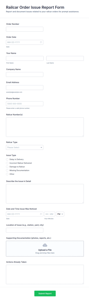 Railcar Order Issue Report Form Template