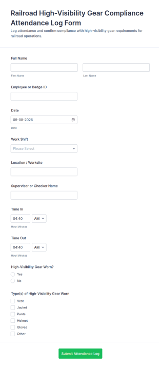 Railroad High Visibility Gear Compliance Attendance Log Form Template