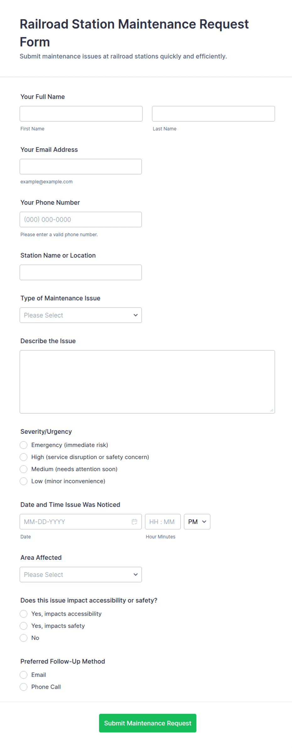Rail Form Example Railroad Station Maintenance Request Form Template | Jotform