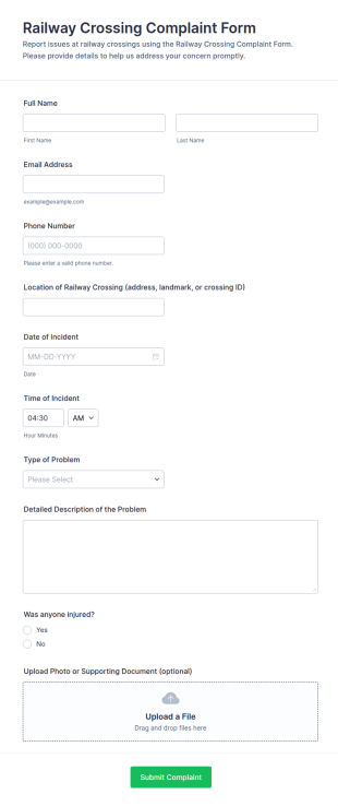 Railway Crossing Complaint Form Template