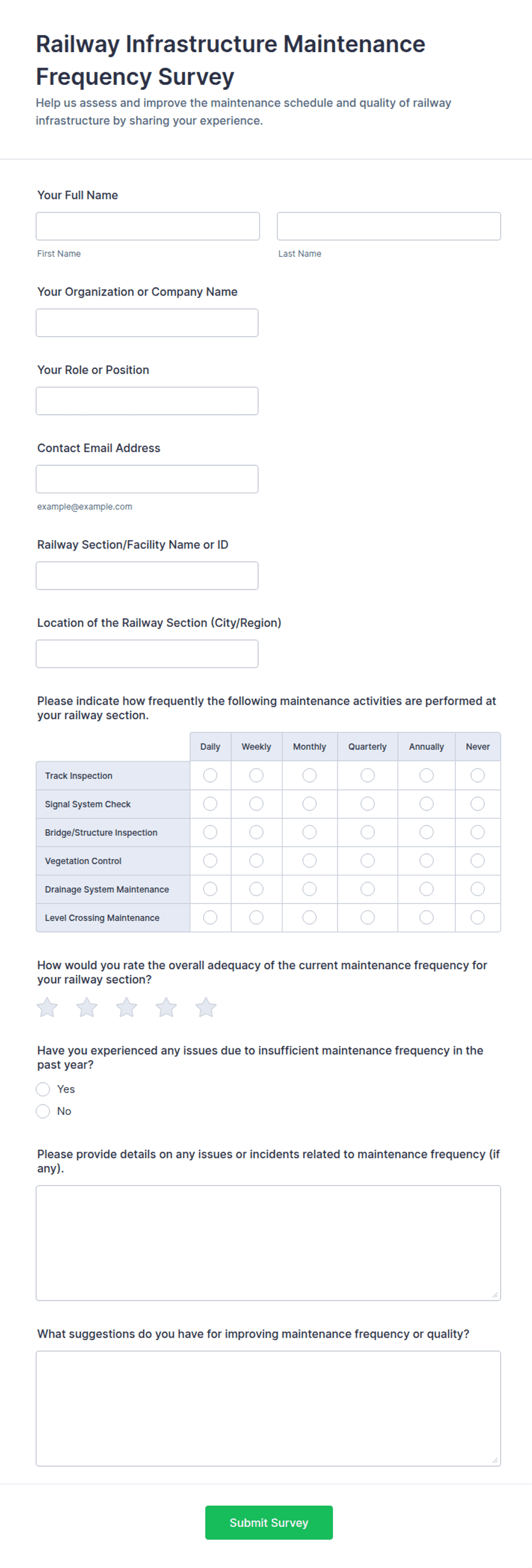 Railway Infrastructure Maintenance Frequency Survey Form Template | Jotform