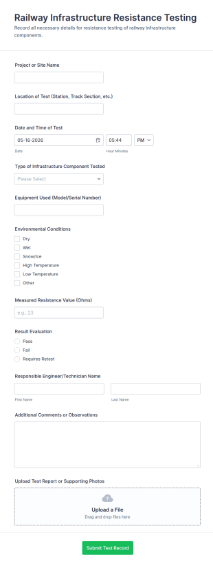 Railway Infrastructure Resistance Testing Form Template