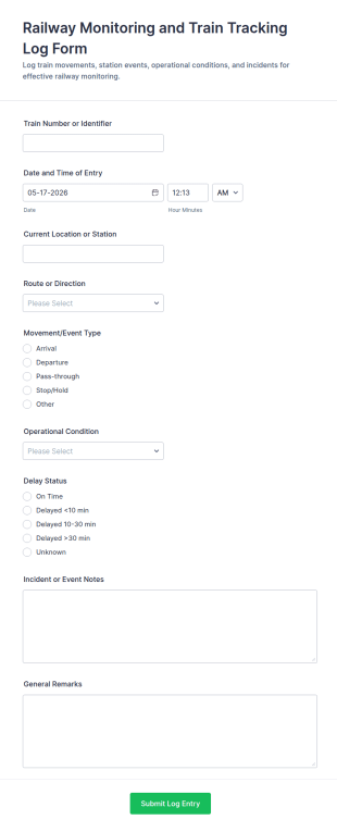 Railway Monitoring And Train Tracking Log Form Template