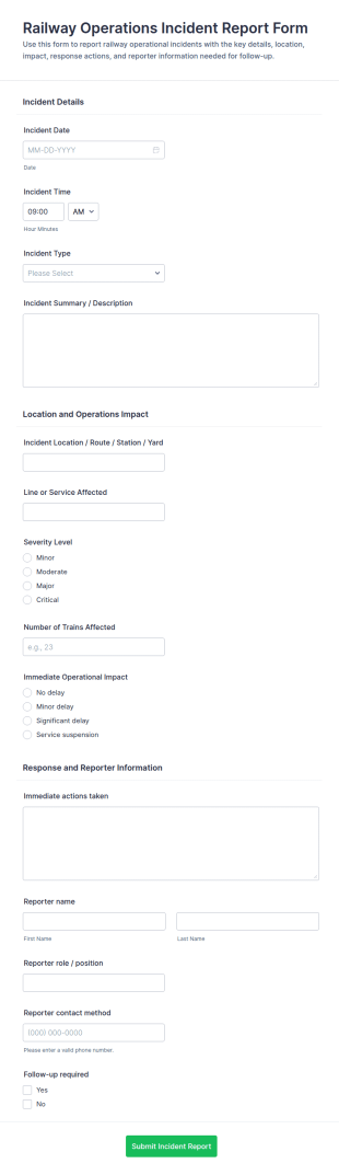 Railway Operations Incident Report Form Template