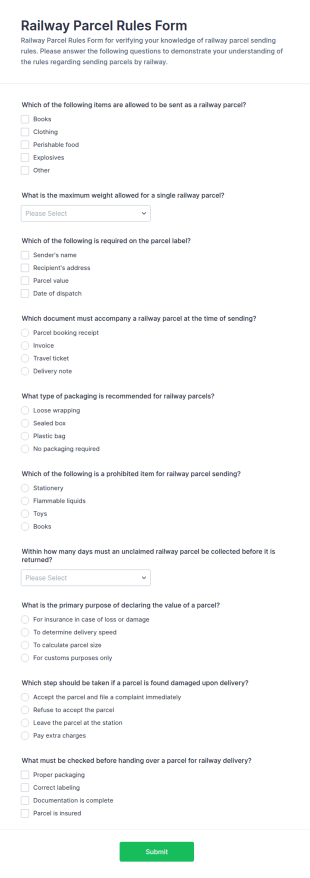 Railway Parcel Rules Quiz Form Template