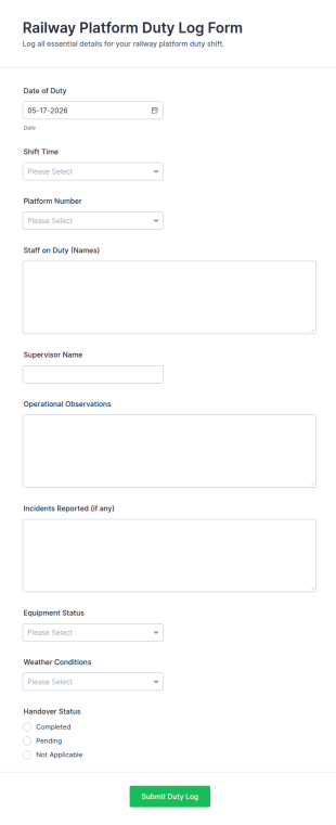 Railway Platform Duty Log Form Template