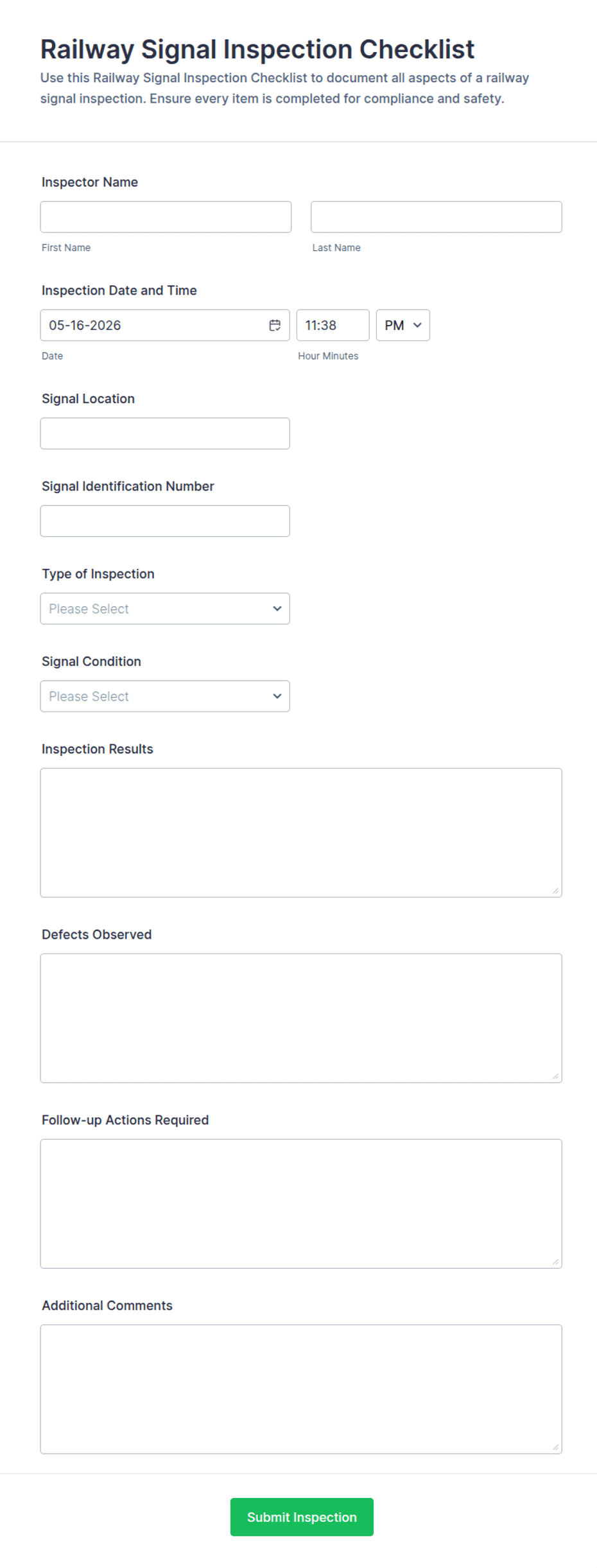 Railway Signal Inspection Checklist Form Template | Jotform