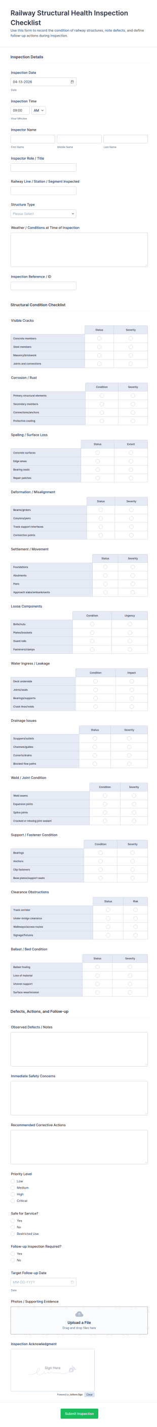 Railway Structural Health Inspection Checklist Form Template