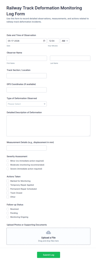 Railway Track Deformation Monitoring Log Form Template