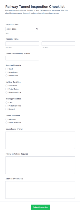 Railway Tunnel Inspection Checklist Form Template