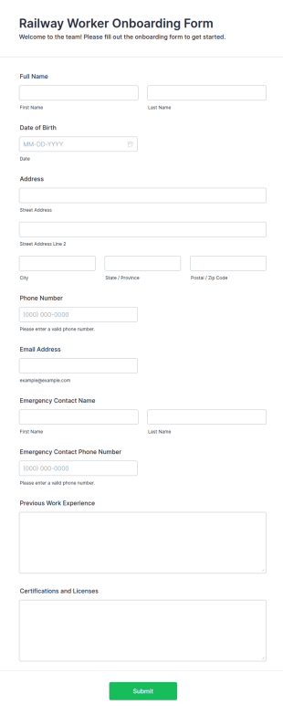 Railway Worker Onboarding Form Template