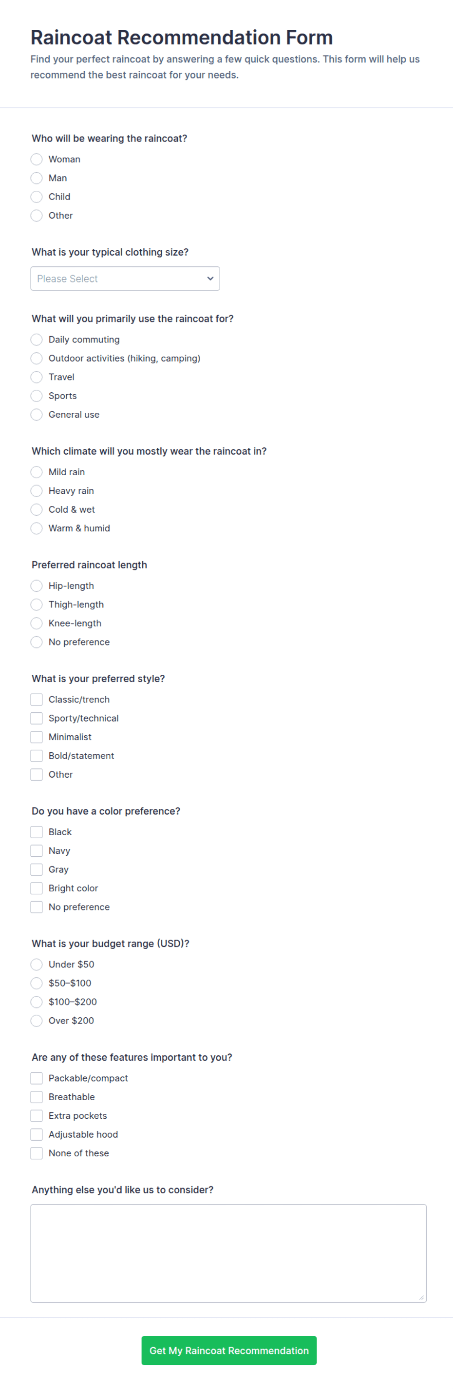 Raincoat Recommendation Quiz Form Template | Jotform