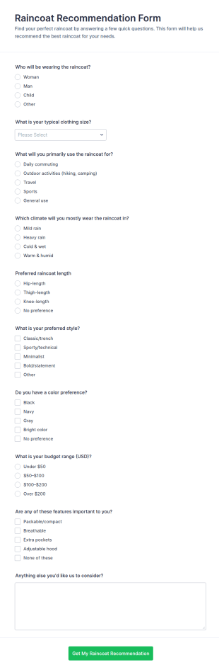 Raincoat Recommendation Quiz Form Template