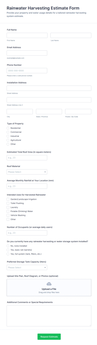 Rainwater Harvesting Estimate Form Template