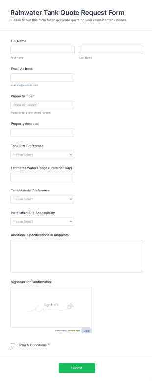 Rainwater Tank Quote Request Form Template