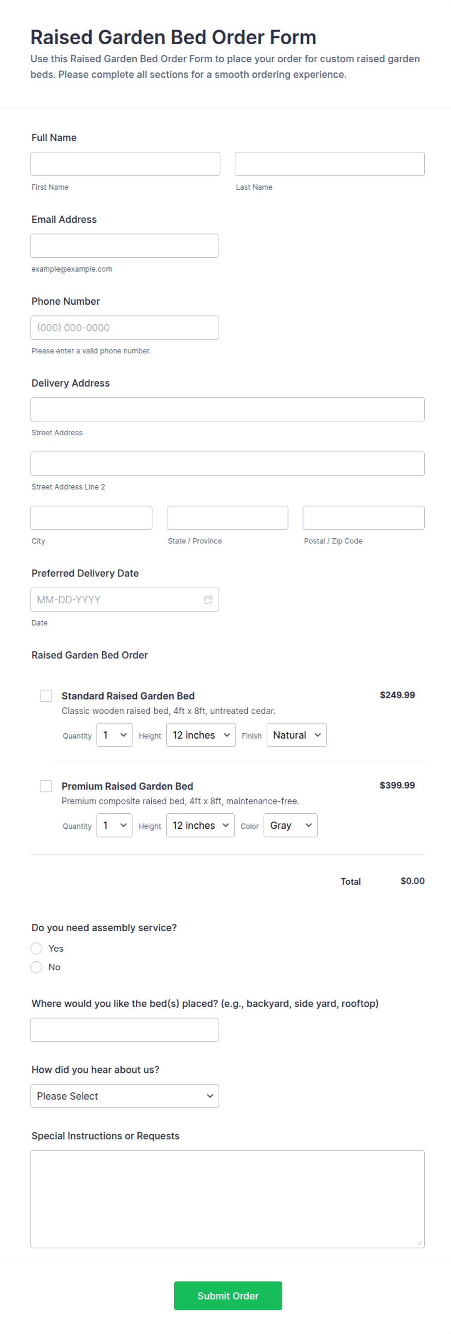 Raised Garden Bed Order Form Template | Jotform