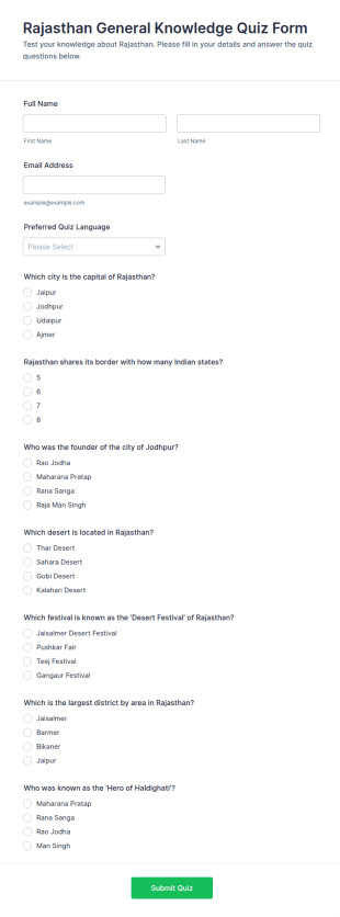 Rajasthan General Knowledge Quiz Form Template