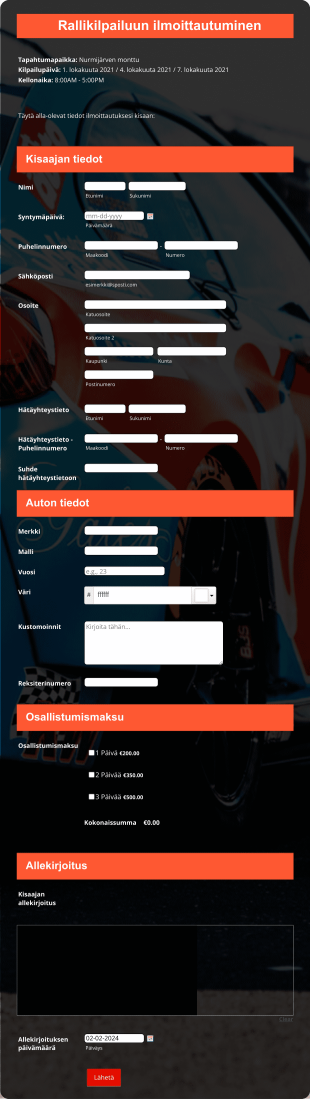 Rallikilpailun Ilmoittautumislomake Form Template