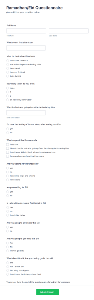 Ramadhan Questionnaire Form Template