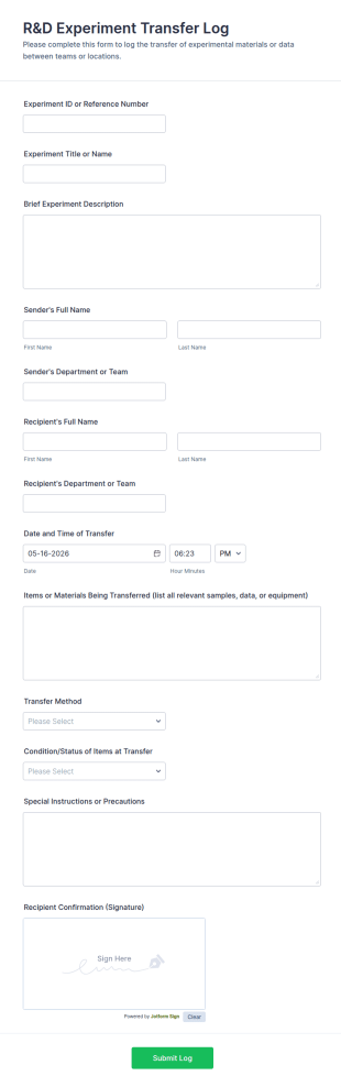 R&D Experiment Transfer Log Form Template