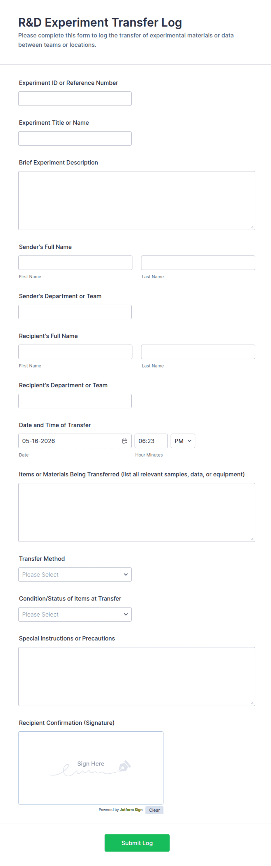 Printable Transfer Log R&D Experiment Transfer Log Form Template | Jotform