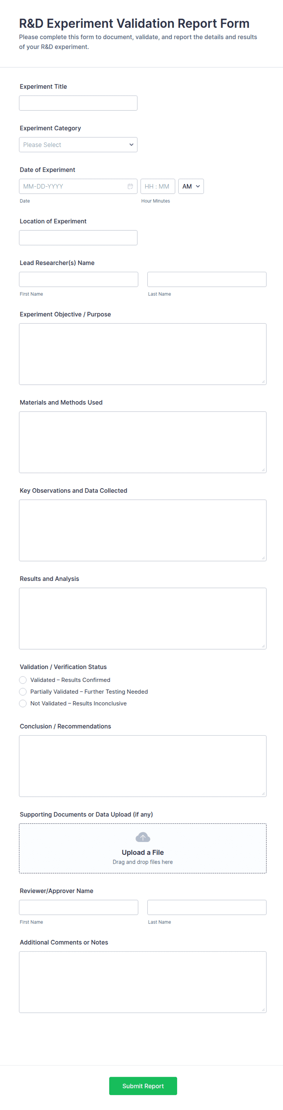 R&D Experiment Validation Report Form Template | Jotform