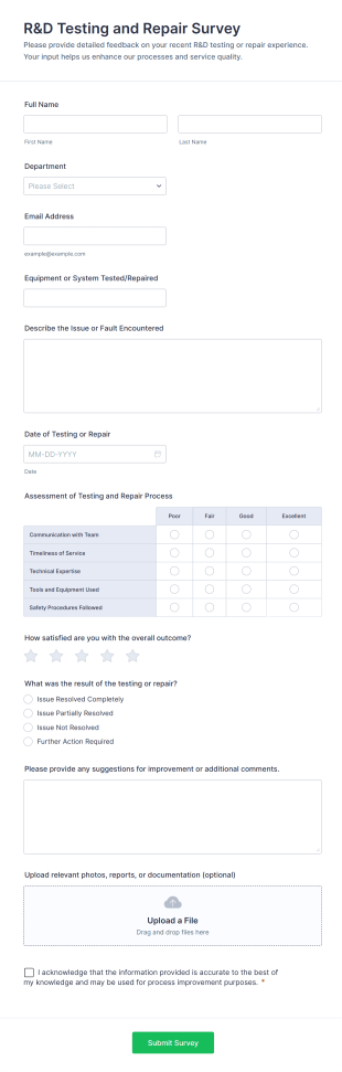 R&D Testing And Repair Survey Form Template
