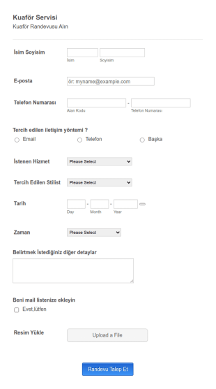 Randevu İsteği Kuaför Form Şablonu