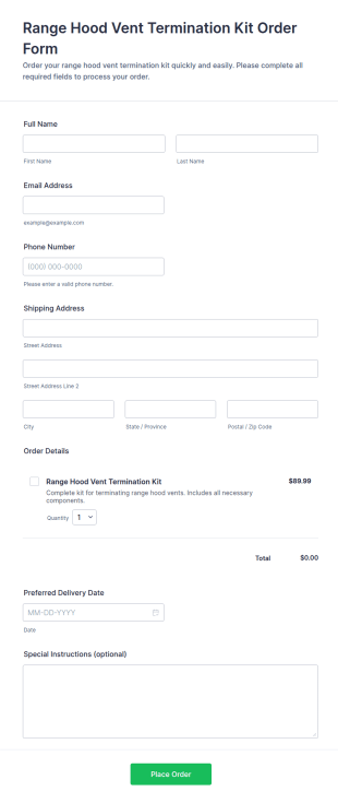 Range Hood Vent Termination Kit Order Form Template