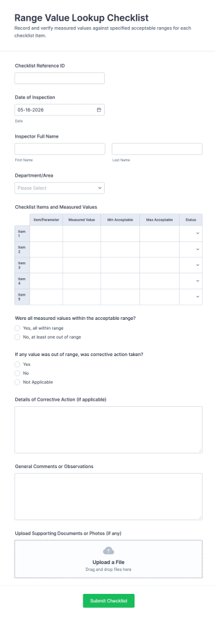 Range Value Lookup Checklist Form Template
